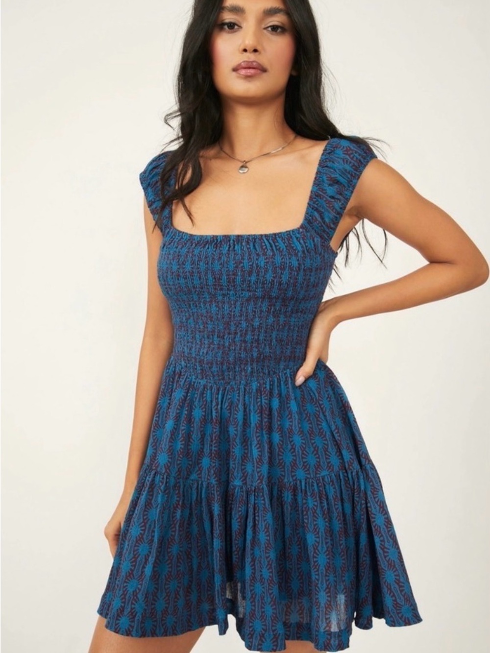Free People Blue Printed Smocked Mini Dress
